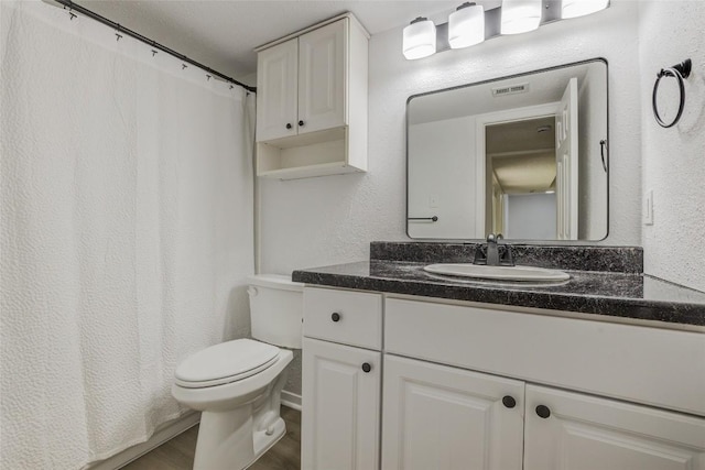 8600 Fathom Cir Unit 1303, Austin, TX 78750 - bathroom with vanity, toilet, wood finished floors, a textured wall, and a shower with curtain