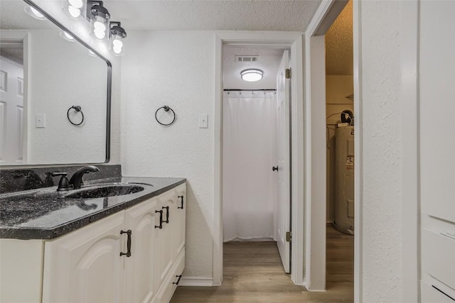 8600 Fathom Cir Unit 1303, Austin, TX 78750 - bathroom featuring wood finished floors, vanity, a textured ceiling, a textured wall, and electric water heater