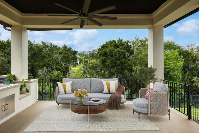 3324 Venezia Vw, Leander, TX 78641 - view of patio / terrace with view of wooded area, outdoor lounge area, and ceiling fan