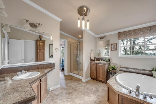 7500 Muleshoe Bend Trl, Marble Falls, TX 78654 - bathroom with a shower stall, two vanities, a bath, ornamental molding, and baseboards
