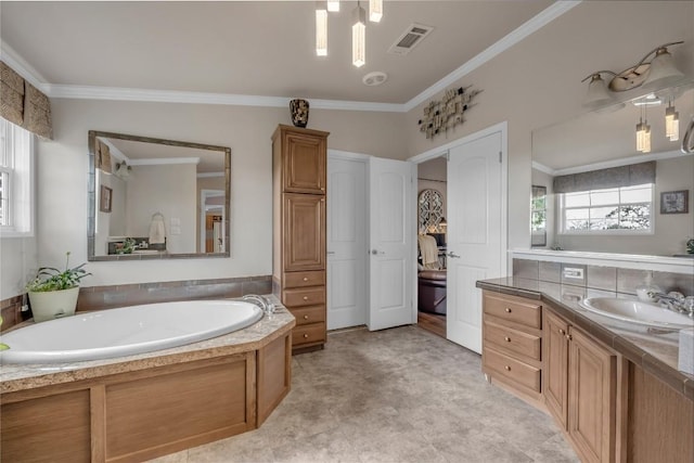 7500 Muleshoe Bend Trl, Marble Falls, TX 78654 - bathroom featuring a bath, vanity, and crown molding