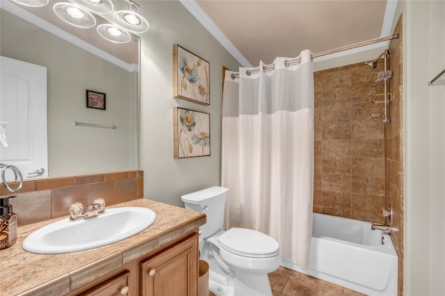 7500 Muleshoe Bend Trl, Marble Falls, TX 78654 - bathroom with ornamental molding, vanity, toilet, shower / bath combo with shower curtain, and tile patterned floors