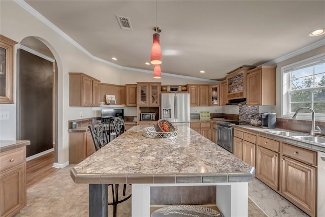7500 Muleshoe Bend Trl, Marble Falls, TX 78654 - kitchen featuring stainless steel appliances, crown molding, a sink, under cabinet range hood, and a breakfast bar area