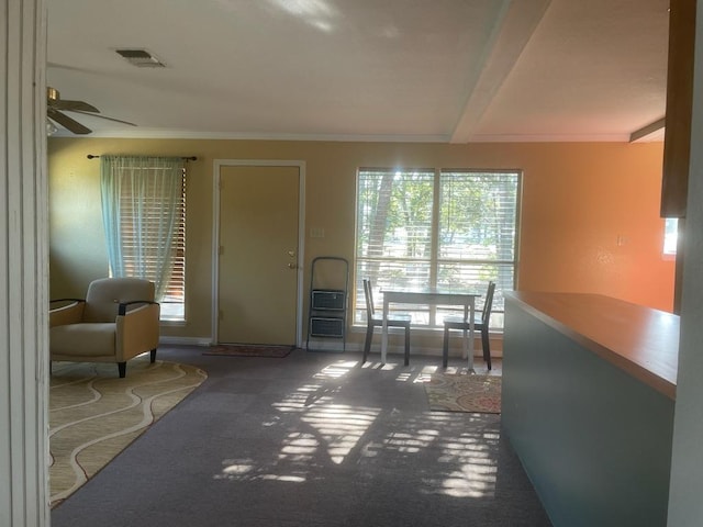 309 Stolle Ln, Flatonia, TX 78941 - entryway with carpet flooring, crown molding, and a ceiling fan