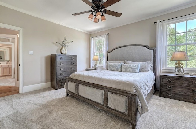 303 Rio Bravo Rd, Georgetown, TX 78628 - bedroom featuring light carpet, crown molding, and ceiling fan