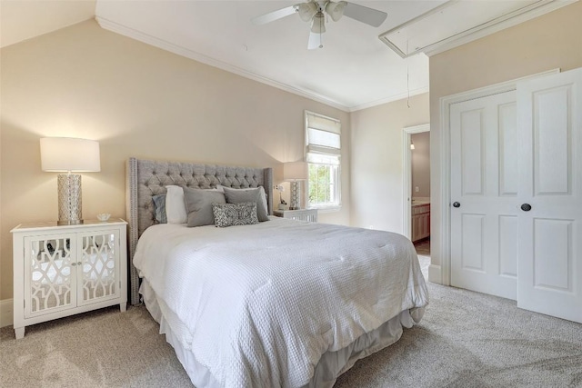 303 Rio Bravo Rd, Georgetown, TX 78628 - bedroom with attic access, carpet flooring, crown molding, a ceiling fan, and lofted ceiling