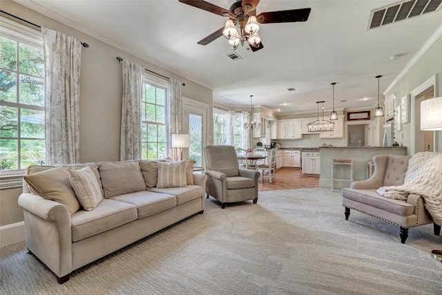 303 Rio Bravo Rd, Georgetown, TX 78628 - living area featuring ceiling fan, ornamental molding, and a chandelier