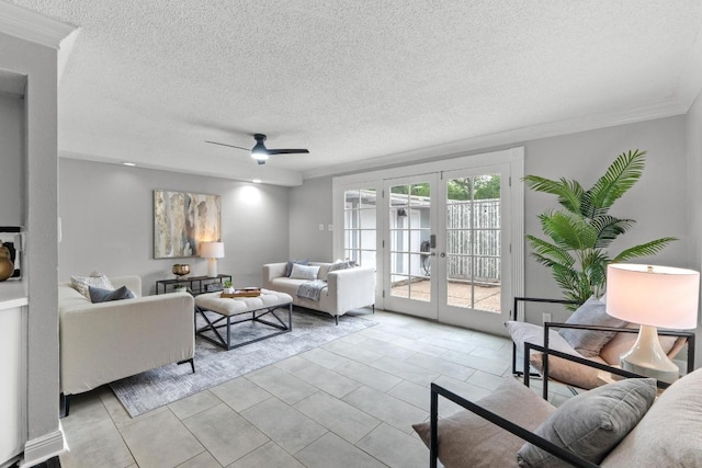 6109 Bullard Dr Unit A, Austin, TX 78757 - living area with french doors, a textured ceiling, crown molding, and a ceiling fan
