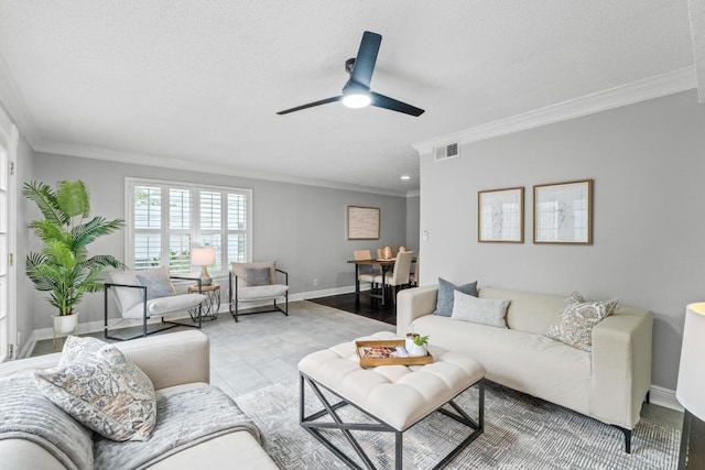 6109 Bullard Dr Unit A, Austin, TX 78757 - living area featuring crown molding, a ceiling fan, and a textured ceiling