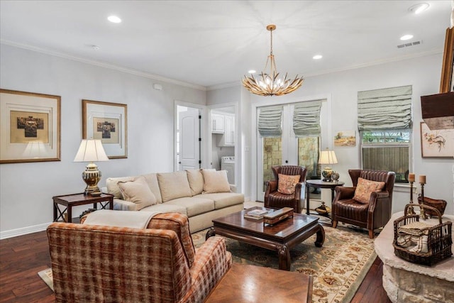 9122 Balcones Club Dr Unit 9, Austin, TX 78750 - living area with dark wood finished floors, a chandelier, recessed lighting, baseboards, and ornamental molding