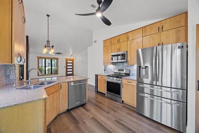 16202 Kicking Bird Dr, Leander, TX 78641 - kitchen featuring stainless steel appliances, a sink, vaulted ceiling, dark wood-style floors, and decorative backsplash