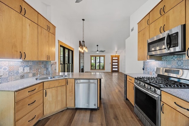 16202 Kicking Bird Dr, Leander, TX 78641 - kitchen with stainless steel appliances, a sink, ceiling fan, a peninsula, and light stone countertops