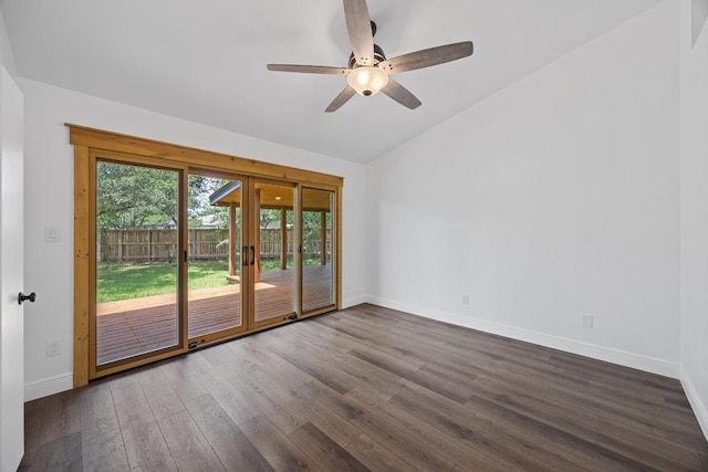 16202 Kicking Bird Dr, Leander, TX 78641 - unfurnished room with lofted ceiling, dark wood-type flooring, ceiling fan, baseboards, and french doors