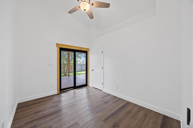 16202 Kicking Bird Dr, Leander, TX 78641 - unfurnished room with baseboards, high vaulted ceiling, dark wood-style floors, and ceiling fan