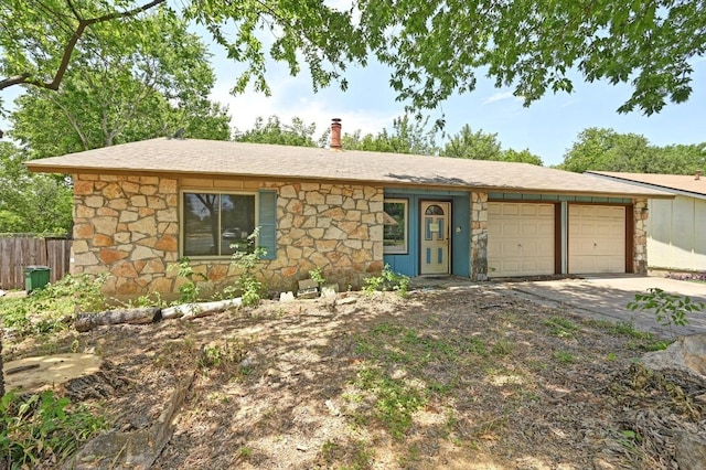 6212 Boxcar Run, Austin, TX 78745 - ranch-style house featuring stone siding, a garage, concrete driveway, and a shingled roof