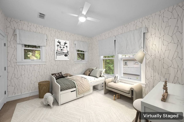 4517 Ave G, Austin, TX 78751 - bedroom featuring wallpapered walls and ceiling fan