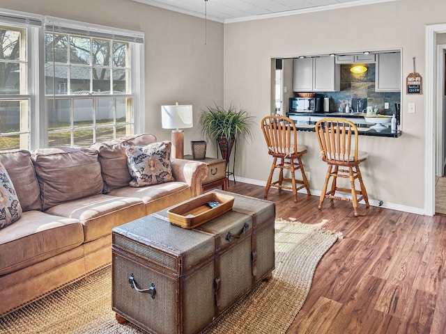 206 S Clear St, San Saba, TX 76877 - living room with ornamental molding, wood finished floors, and baseboards