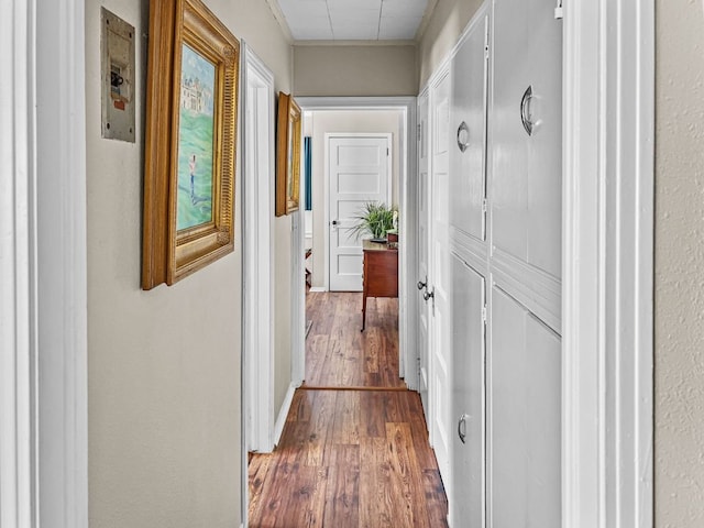 206 S Clear St, San Saba, TX 76877 - corridor featuring wood finished floors and attic access
