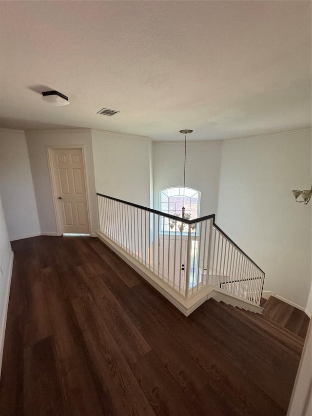 4424 Campo Verde Dr, Austin, TX 78749 - hallway featuring a chandelier, dark wood-type flooring, ornamental molding, and baseboards