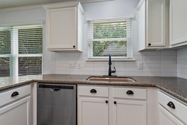 4424 Campo Verde Dr, Austin, TX 78749 - kitchen with dishwasher, a sink, decorative backsplash, white cabinets, and crown molding