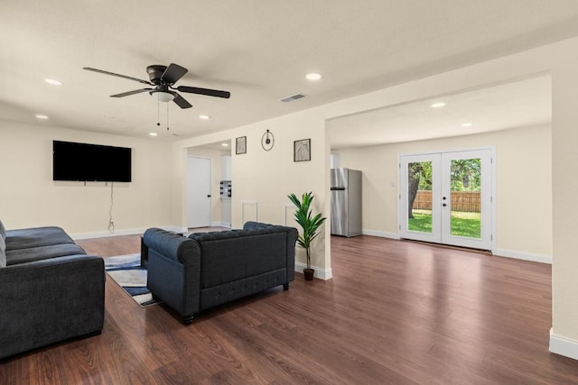 1145 E Sunset St, Waco, TX 76704 - living room featuring dark wood-style floors, recessed lighting, baseboards, french doors, and ceiling fan