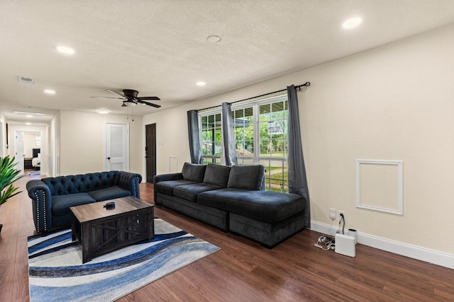 1145 E Sunset St, Waco, TX 76704 - living room featuring recessed lighting, wood finished floors, baseboards, a ceiling fan, and a textured ceiling