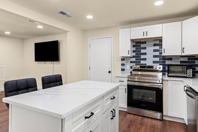 1145 E Sunset St, Waco, TX 76704 - kitchen featuring stainless steel appliances, dark wood-style floors, recessed lighting, backsplash, and white cabinetry