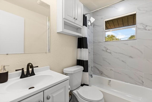 1145 E Sunset St, Waco, TX 76704 - bathroom featuring vanity, toilet, shower / tub combo with curtain, and a textured wall