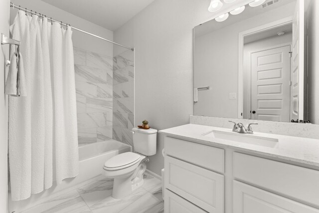 170 Fawn River Run, Kyle, TX 78640 - bathroom featuring vanity, marble look tiles, shower / bathtub combination with curtain, and toilet