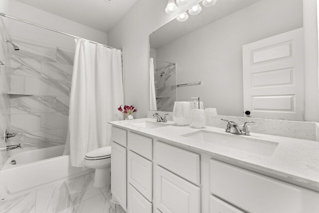 170 Fawn River Run, Kyle, TX 78640 - full bath featuring shower / bathtub combination with curtain, double vanity, toilet, and marble finish floors