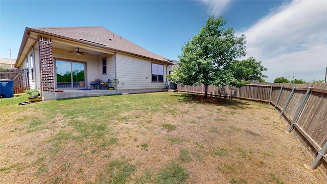 11405 Kirkland Hill Path, Austin, TX 78754 - back of house featuring a ceiling fan, a patio, brick siding, central AC, and a shingled roof