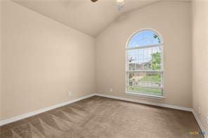 205 W Little Dipper Dr, Killeen, TX 76542 - unfurnished room with a ceiling fan, vaulted ceiling, carpet flooring, and baseboards