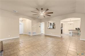 205 W Little Dipper Dr, Killeen, TX 76542 - unfurnished living room with arched walkways, a chandelier, ceiling fan, and baseboards
