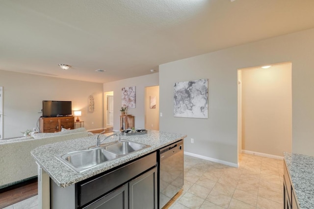 11404 Day Camp Ln, Austin, TX 78754 - kitchen featuring dishwasher, a sink, open floor plan, a kitchen island with sink, and baseboards