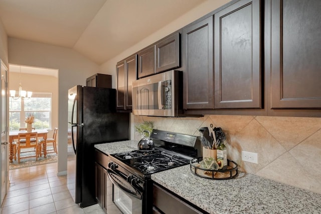 11404 Day Camp Ln, Austin, TX 78754 - kitchen with black appliances, a chandelier, dark brown cabinets, decorative backsplash, and lofted ceiling