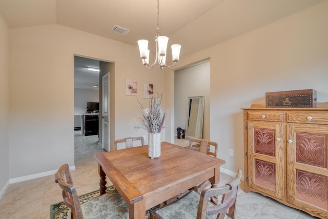 11404 Day Camp Ln, Austin, TX 78754 - dining space featuring a chandelier, light tile patterned flooring, lofted ceiling, and baseboards