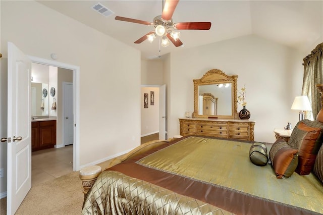 2002 S Ash Cv, Hutto, TX 78634 - carpeted bedroom featuring tile patterned flooring, lofted ceiling, and a ceiling fan