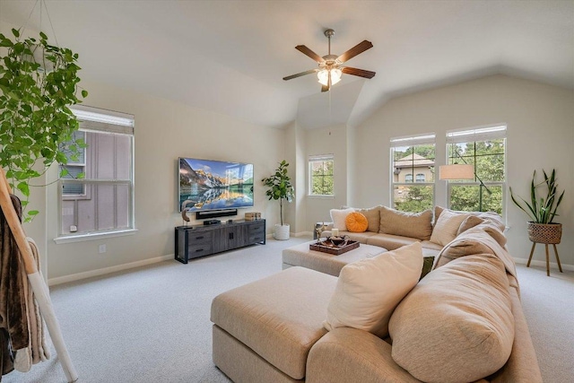 7709 Menchaca Rd Unit 16, Austin, TX 78745 - living room featuring carpet flooring, a ceiling fan, baseboards, and vaulted ceiling