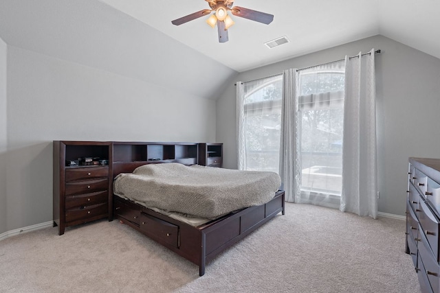 3217 Falconers Way, Pflugerville, TX 78660 - bedroom featuring lofted ceiling, light colored carpet, access to exterior, ceiling fan, and baseboards