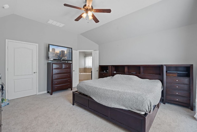 3217 Falconers Way, Pflugerville, TX 78660 - bedroom featuring lofted ceiling, carpet flooring, ensuite bath, ceiling fan, and baseboards