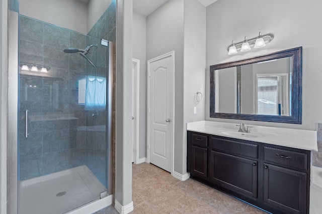 3217 Falconers Way, Pflugerville, TX 78660 - full bathroom featuring a stall shower, vanity, and tile patterned floors