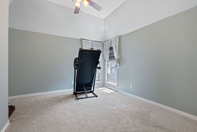 3217 Falconers Way, Pflugerville, TX 78660 - exercise area featuring carpet flooring, a ceiling fan, baseboards, and vaulted ceiling