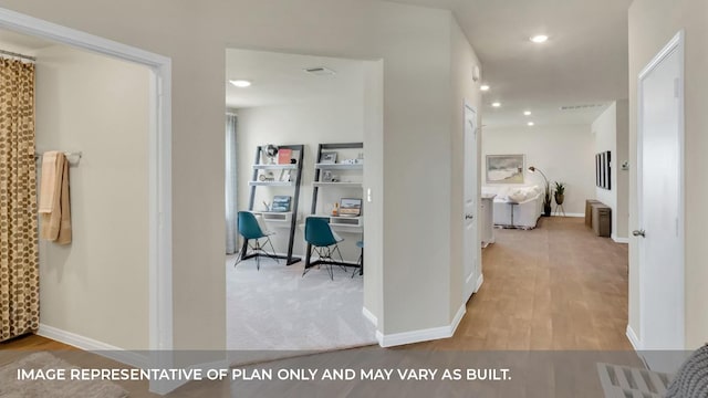 13700 Bothwell Pl, Manor, TX 78653 - corridor featuring an office area, baseboards, wood finished floors, and recessed lighting