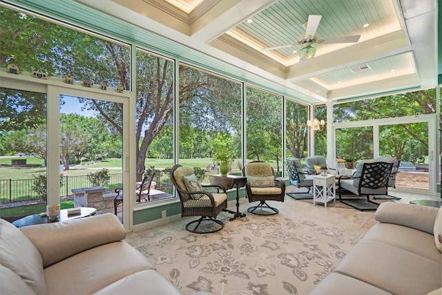 115 Durango Trl, Georgetown, TX 78633 - sunroom / solarium featuring an outdoor hangout area, ceiling fan, coffered ceiling, and beam ceiling