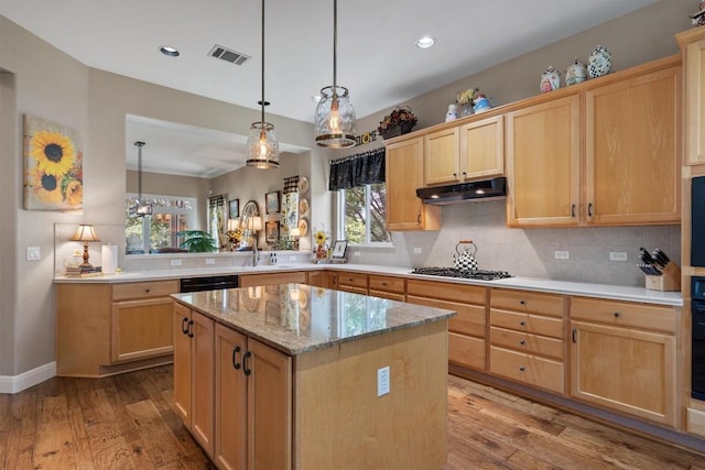 115 Durango Trl, Georgetown, TX 78633 - kitchen with under cabinet range hood, light brown cabinetry, decorative backsplash, wood-type flooring, and recessed lighting