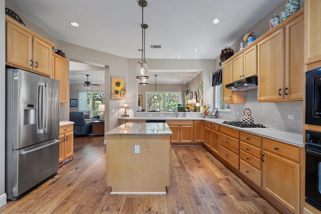 115 Durango Trl, Georgetown, TX 78633 - kitchen with stainless steel appliances, light brown cabinets, ceiling fan, hardwood / wood-style flooring, and recessed lighting