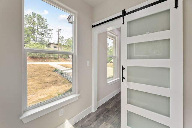 182 Kaanapali Ln, Bastrop, TX 78602 - entryway featuring a barn door and wood finished floors