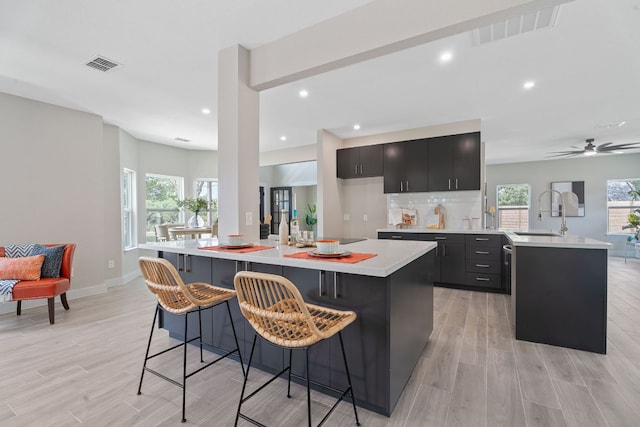 100 Toltec Cv, Kyle, TX 78640 - kitchen with a sink, light countertops, dark cabinets, a center island with sink, and recessed lighting