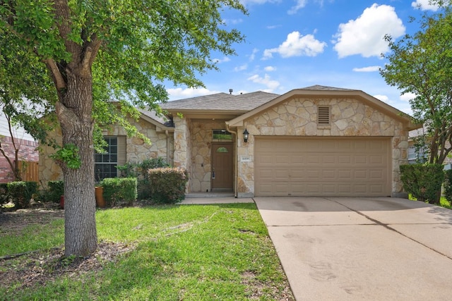 4498 Heritage Well Ln, Round Rock, TX 78665 - single story home featuring stone siding, an attached garage, driveway, a front lawn, and a shingled roof