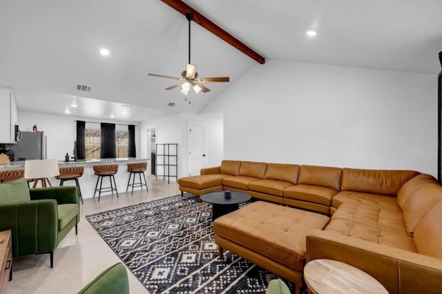 249 Hill Dr, Granite Shoals, TX 78654 - living room with beamed ceiling, ceiling fan, recessed lighting, and high vaulted ceiling